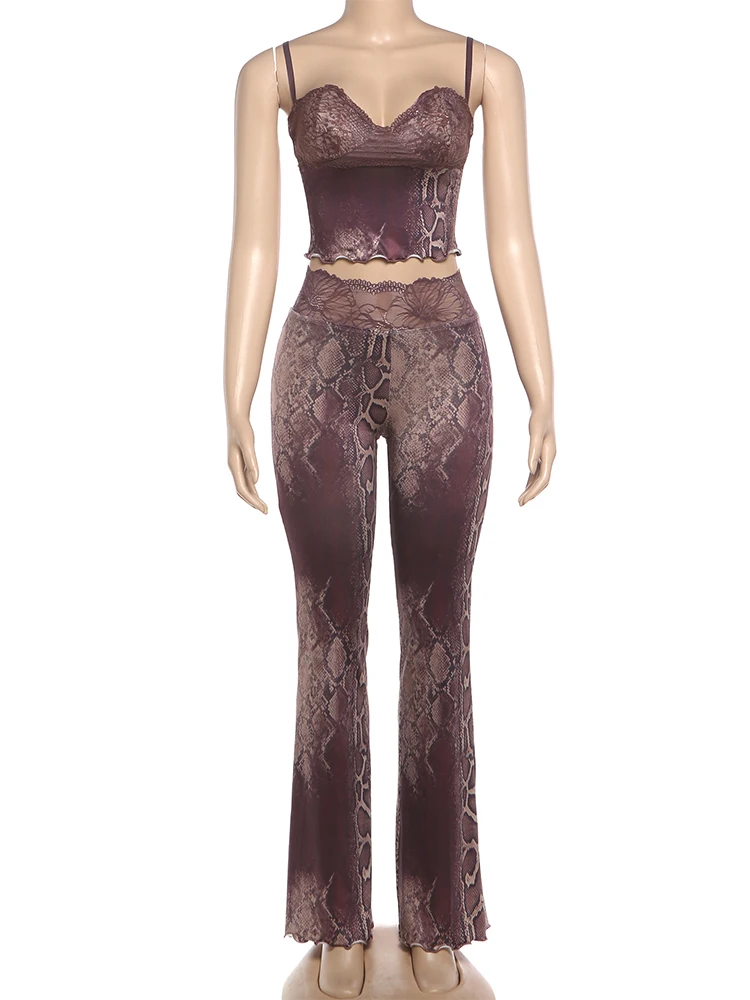 Nibber Street 2Piece Set Woman Lace Patchwork Low-Neck Backless Camisole Tops+Elastic Waist Pants Leopard Print Wild Style Suits