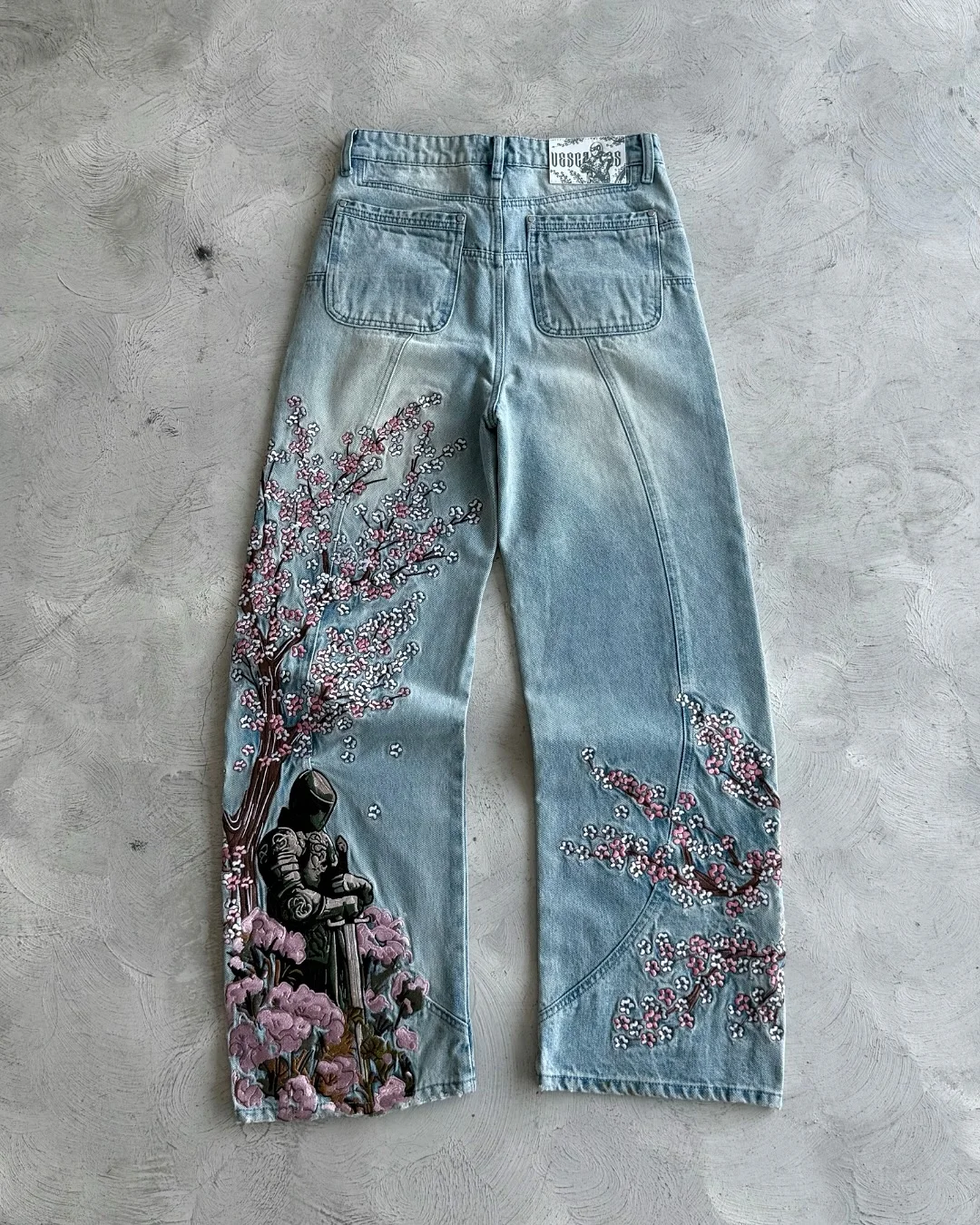 2025 New Mens Jeans Cherry Blossom Embroidery Exotic Knight Design Cultural Symbol Pattern Fusion Trendy Eye Catching Style 6