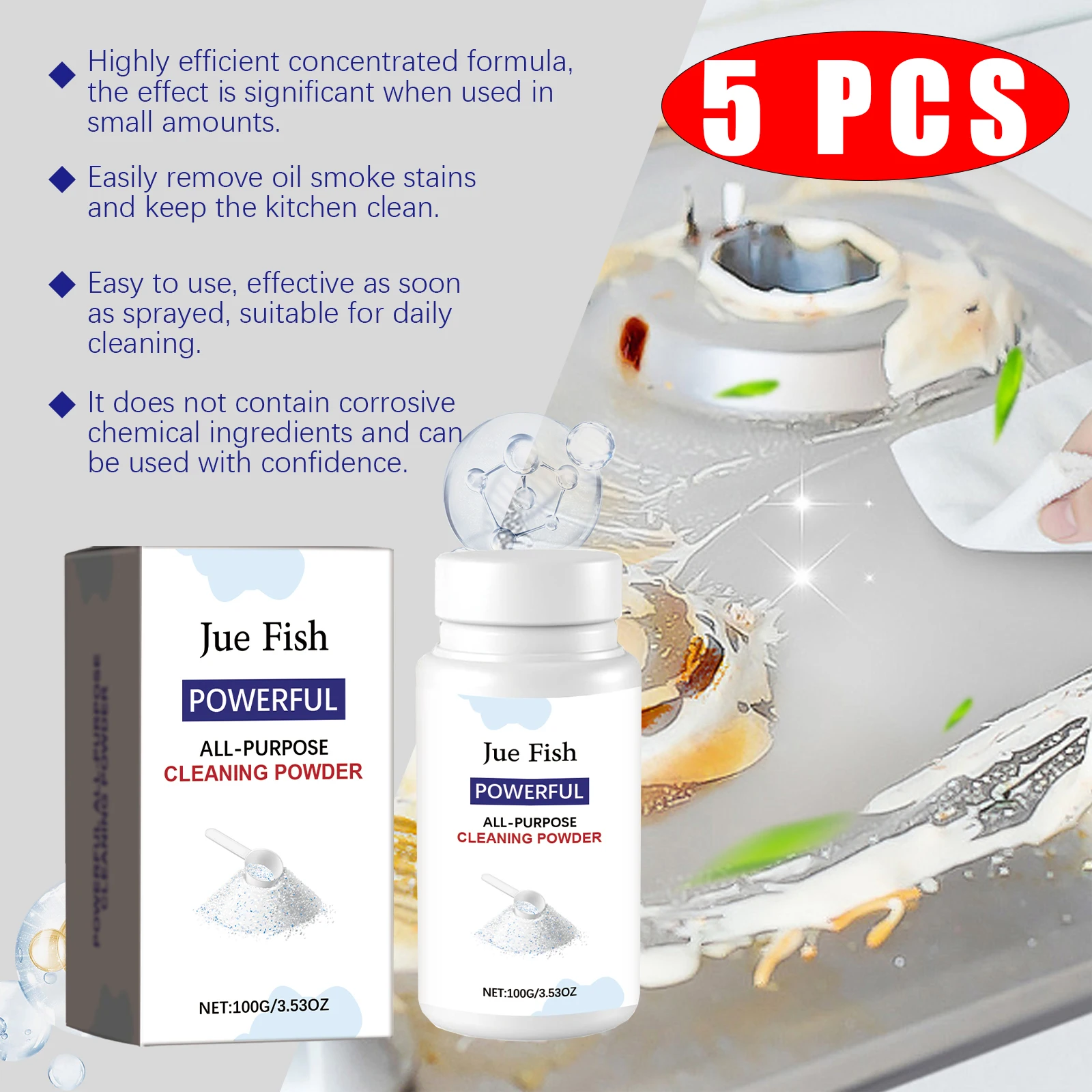 5PCS Kitchen Stove Cleaner Powder Powerful Multipurpose Kitchenware Range Hood Oven Heavy Oil Stain Removal Grease CleaningAgent