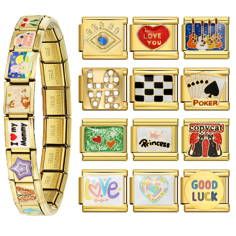 Y2K elastische Kette Edelstahl Charm Link Fit 9mm italienische trendige Goldfarbe Liebe Herz Poker Prinzessin Armband DIY Herstellung