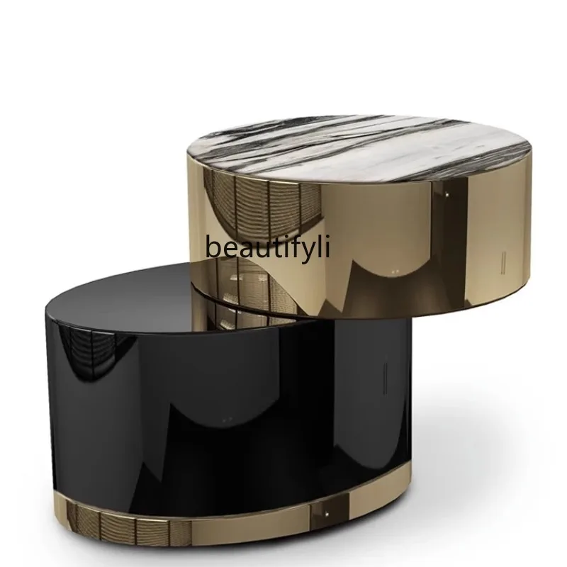 

Italian-Style Light Luxury Oval Marble Double-Layer Tea Table Model Room Small Apartment Stainless Steel Metal Side Table