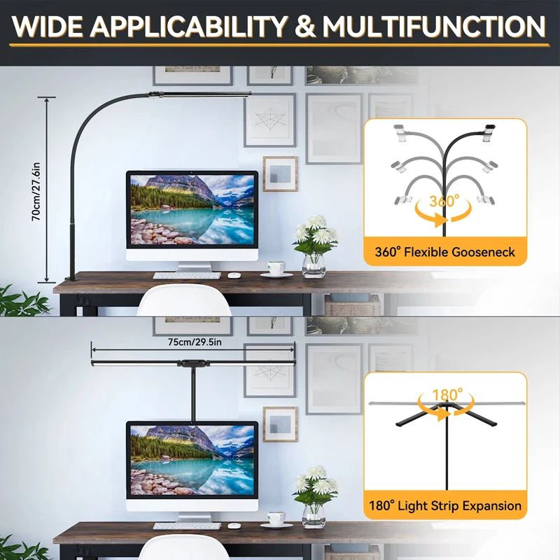 LED 책상 램프, 조도 조절 가능한 더블 헤드 테이블 램프, 컴퓨터 모니터 조명, USB 독서 테이블 램프, 사무실 공부 작업 접이식 조명 모니터 조명 책상 스탠드 led