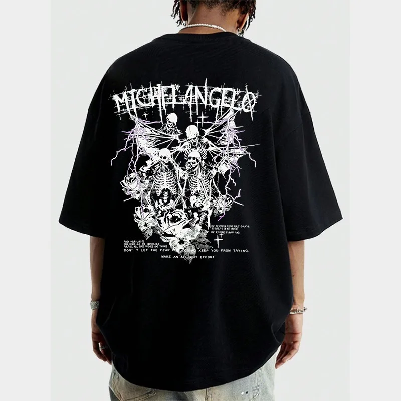 

Skull Wings Printed Black White T-shirt Gothic Loose Casual Unisex Hip Hop Cotton Oversized vintage New Y2K Original High Street