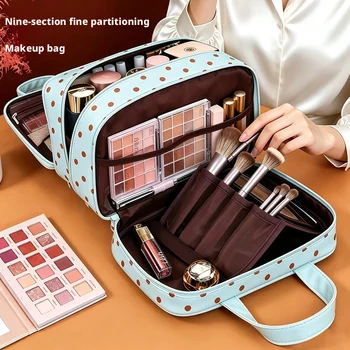 Borsa per il Trucco a Pois Multifunzionale con Tre Scomparti in PU, Grande Capacità, Impermeabile, per Viaggi e Conservazione