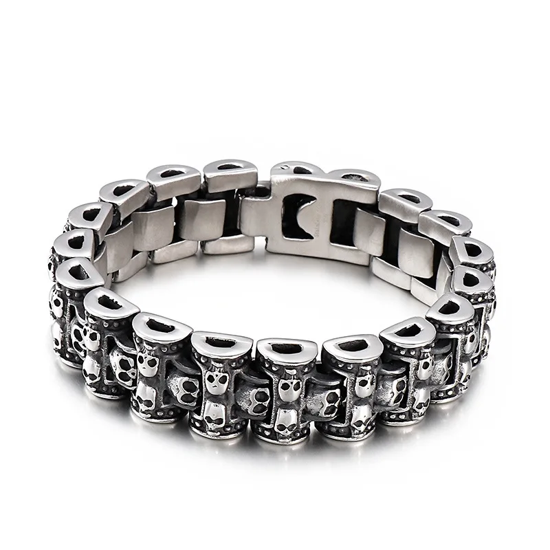 

17MM Gothic Men Retro Stainless Steel Skull Head Bracelet Heavy Study Punk Hiphop Skulls Chain Bracelets Massive Biker Jewelry
