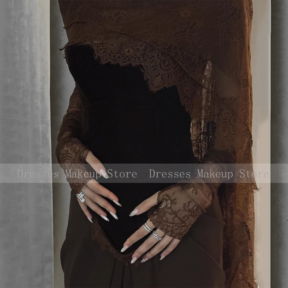 Modern Evening Dresses Brown Velvet Lace Shawl Strapless Mermaid Wedding Party Gowns for Women Pleated Trumpet Formal Party Gown 6