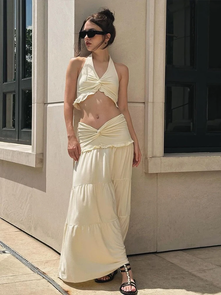 Nibber Vacation 2 Piece Set Women Halter Backless Crop Camisole+Elastic Waist Ruffles Long Skirts Ruched Elegant Street Suits