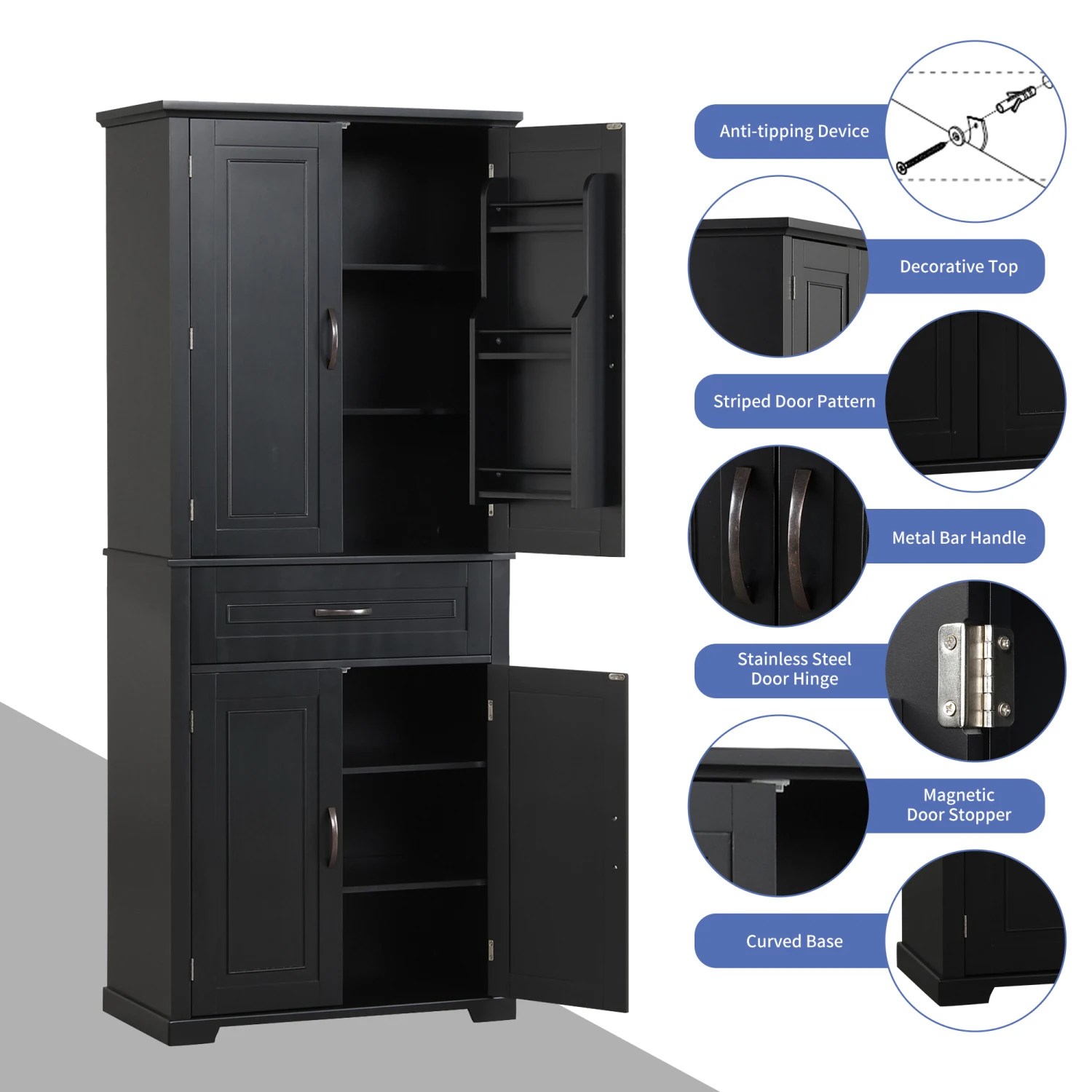 Bathroom Storage Cabinet with Doors and Drawer, Multiple Storage Space, Adjustable Shelf, Black 6