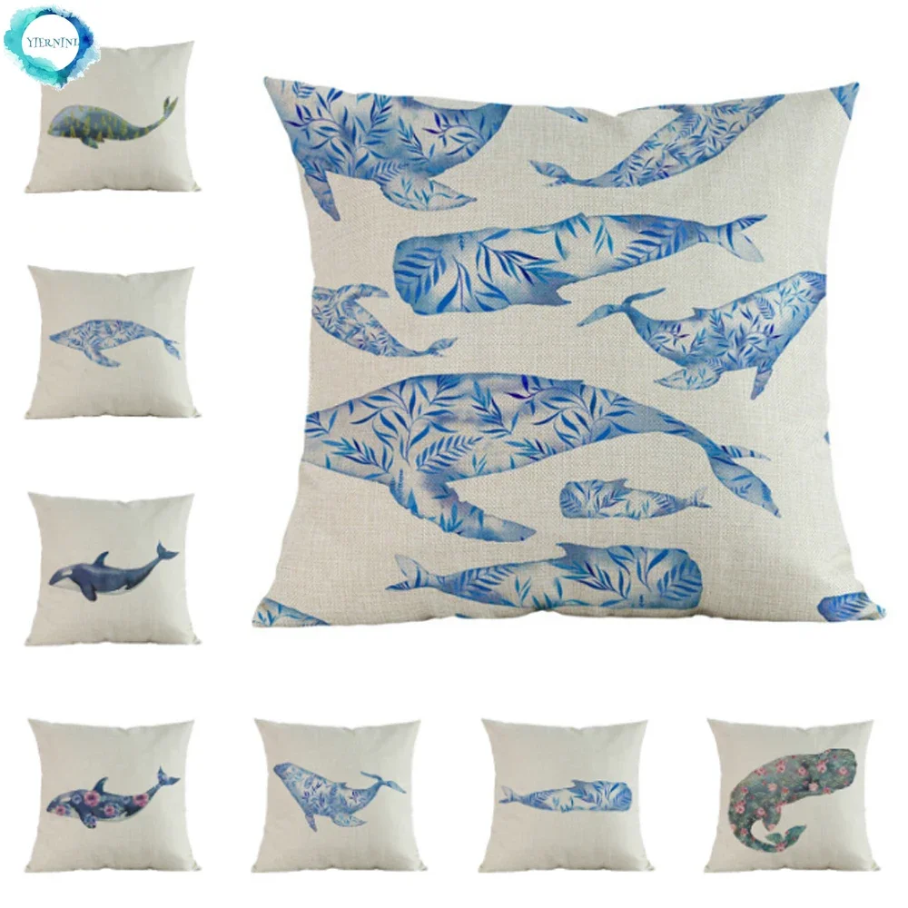 

Plant Flower Watercolor Animal Whale Print Cotton Linen Pillowcase Home Sofa Decorative Cushion Cover Throw Pillow Cover 45X45CM