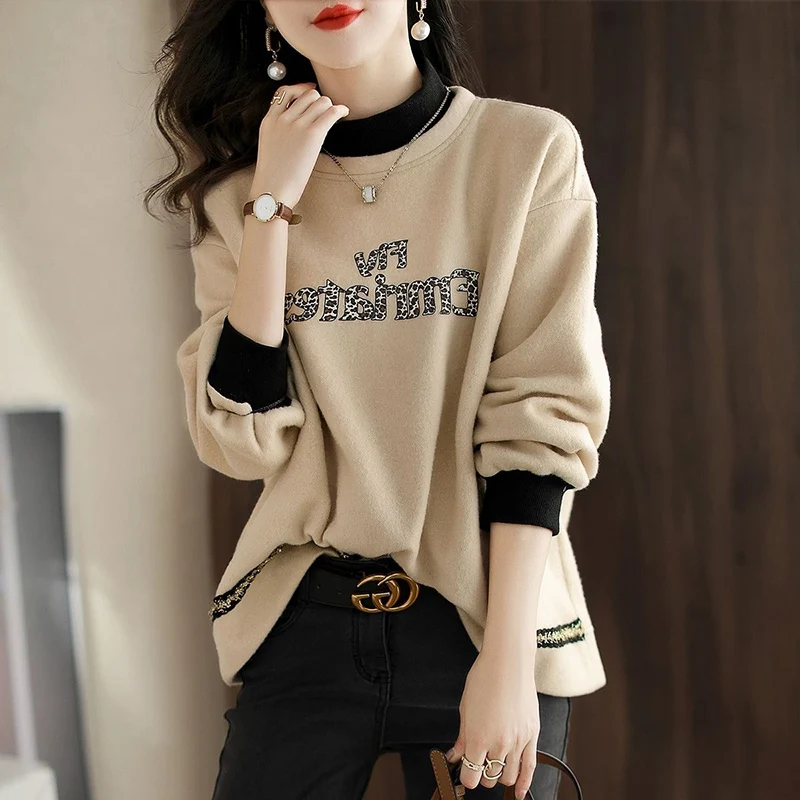 Fashion Stand Collar Spliced Casual Letter Blouses Women's Clothing 2023 Autumn Winter Oversized All-match Tops Commuter Shirts