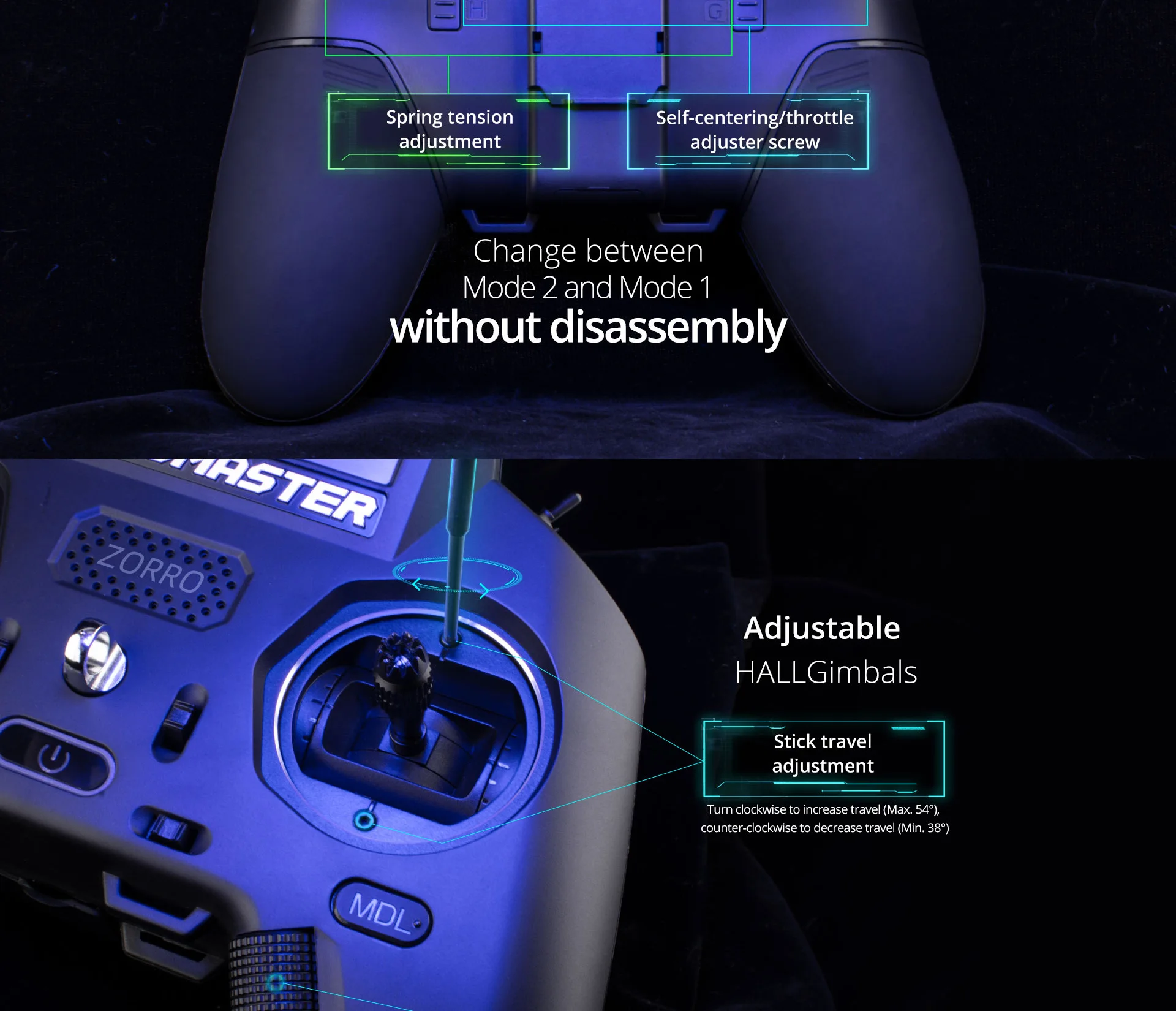 New RadioMaster ZORRO High-Frequency Hall Handle Radio Control Multi-protocol JP4in1 CC2500 ELRS Starter Set 20 spring tension Self-centering/throttle adjustment adjuster screw Change between Mode 2 and Mode