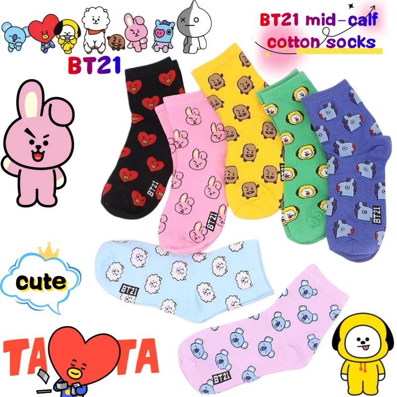 جوارب BT21 Koya RJ Cooky Shooky Tata بطول منتصف الساق، جوارب طويلة دافئة للخريف والشتاء بتصميم إبداعي عصري مطبوع عليها رسوم كرتونية أنمي للأزواج — صورة 1