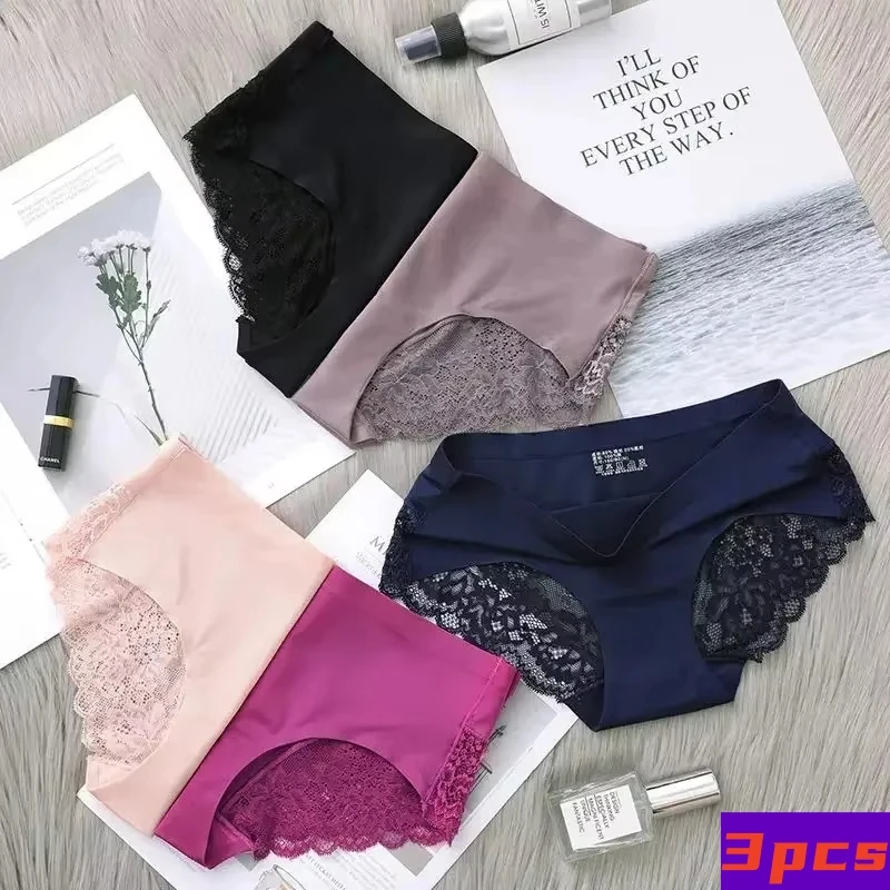 Women Panties 3pcs Lace French Seamless Ice Silk Briefs Solid Color Breathable Underpants Lingerie