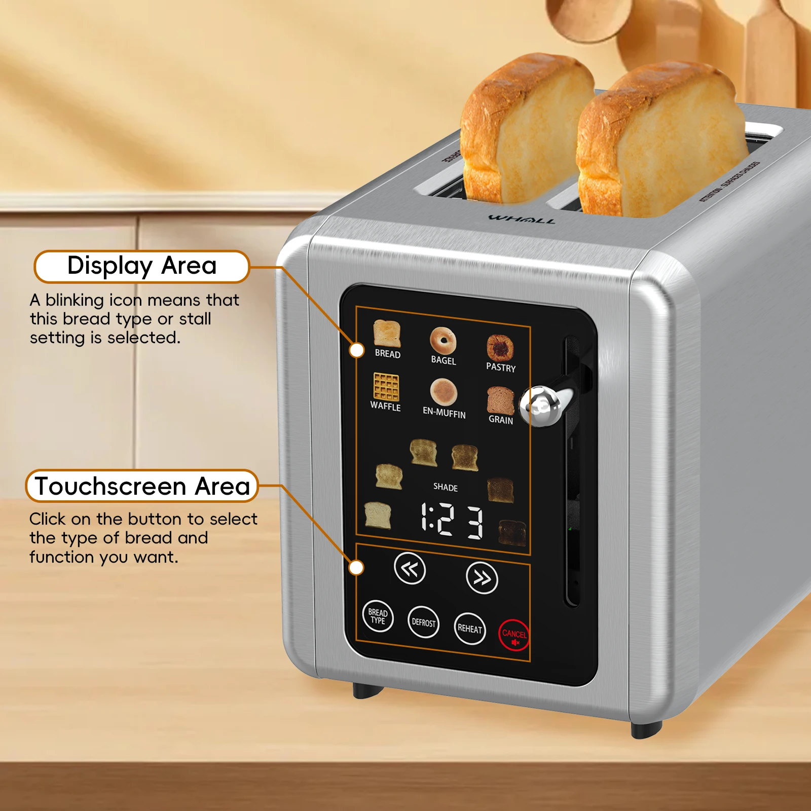 ZCWA Electric Toaster 850W Automatic Breakfast Machine Grill Portable Intelligent Touch Screen Toaster Household Bread Maker 6