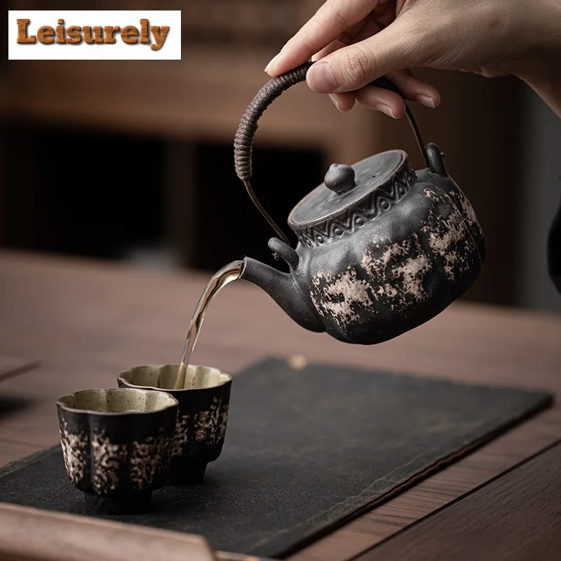 Wabi Sabi Style Black Pottery Lifting Handle Tea Set Complete Set Retro Tea Ceremony Set Teapot And Tea Cup Set Teaware Ornament