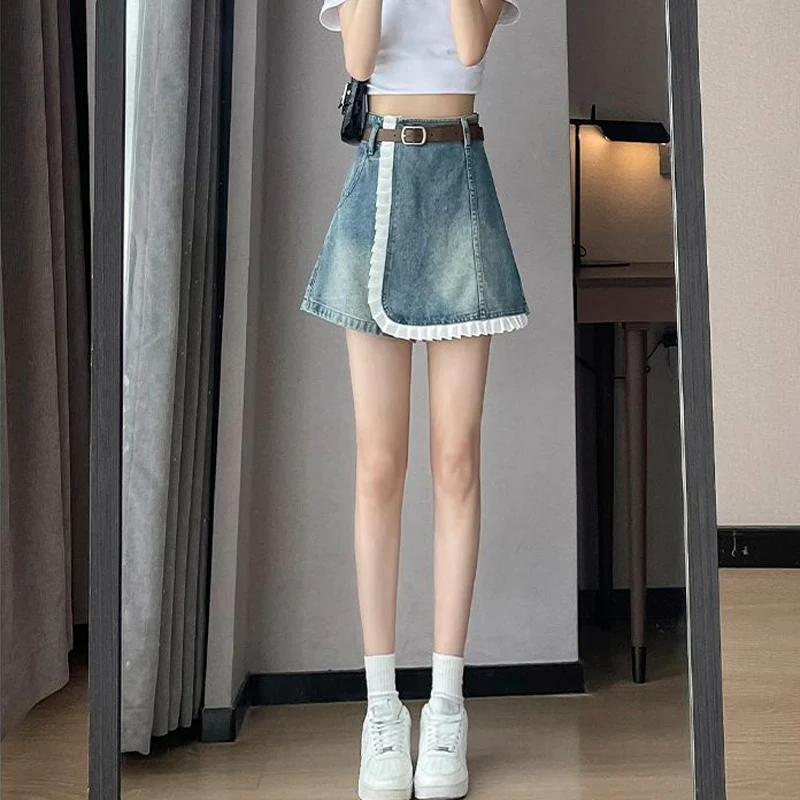 Vintage Denim Shorts Skirts Women Summer New Style High Waist Loose A-line Irregular Lace Skirts Female