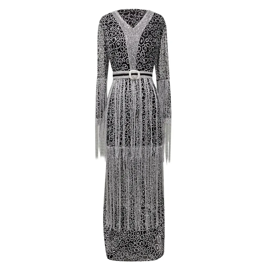 Elegant Sequined Floral Fringed Woman Dress