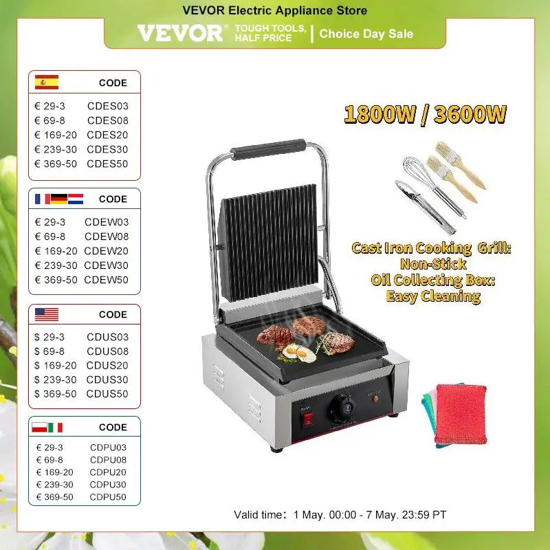 

VEVOR Electric Contact Grill Griddle Commercial Panini Press Grill Non-Stick for Outdoor Camping Cooking Sandwiches Steak Meat