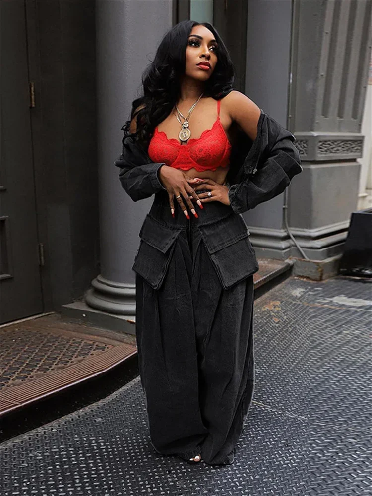 Wmstar Jeans Women High Waist Denim Bottom Boy Friend Straight Cargo Pockets Zip Pants Korean Streetwear Wholesale Dropshipping