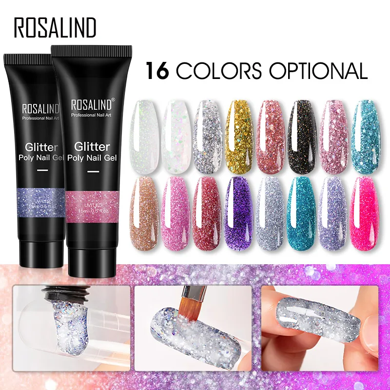 ROSALIND Glitter Sequin Poly Nail Gel Quick Extension of Crystal Gel Nail Art Builder Hybrid Varnish UV/LED Lamp Base Top Coat 15ml poly gel set finger extension 9color quick building nail art tips extend camouflage uv builder gel polygel