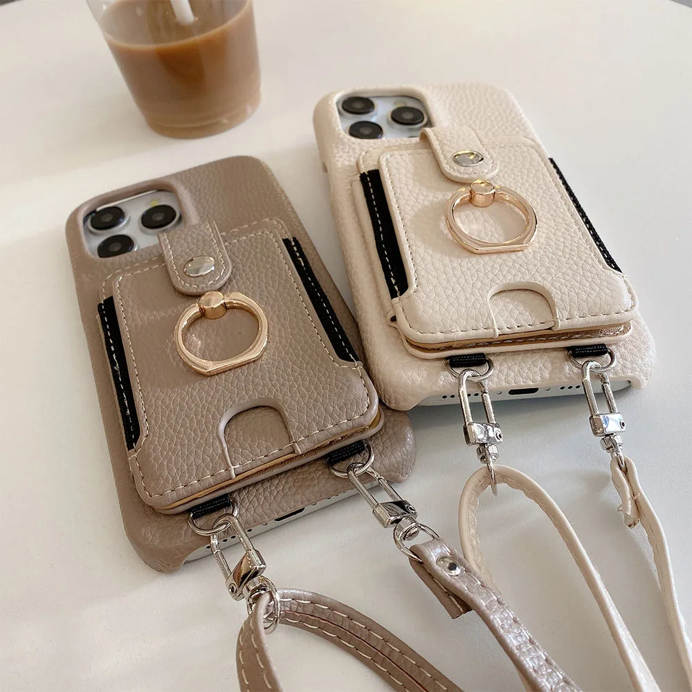 Luxurious Leather Crossbody Phone Case with Ring Wallet and Card Holder