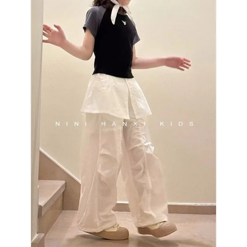 Girls' Trendy Workwear Skirtpants for Summer Stylish and Versatile, Spliced Fart Curtain Casual Pants for Baby Girls