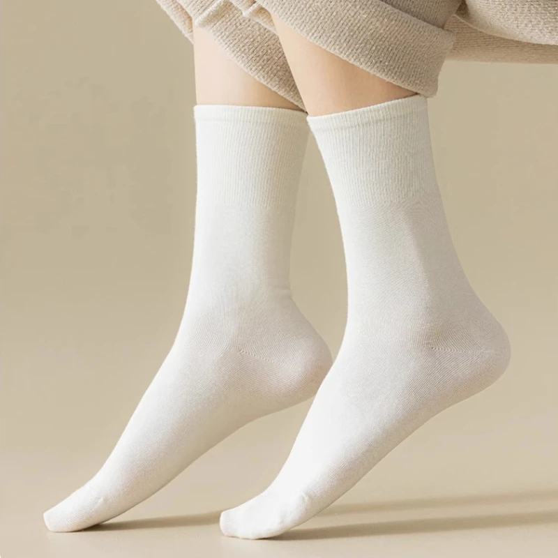 Womens Socks 5 Pairs Mid Tube Stacked Solid Color Flat Bottom Casual Spring And Autumn