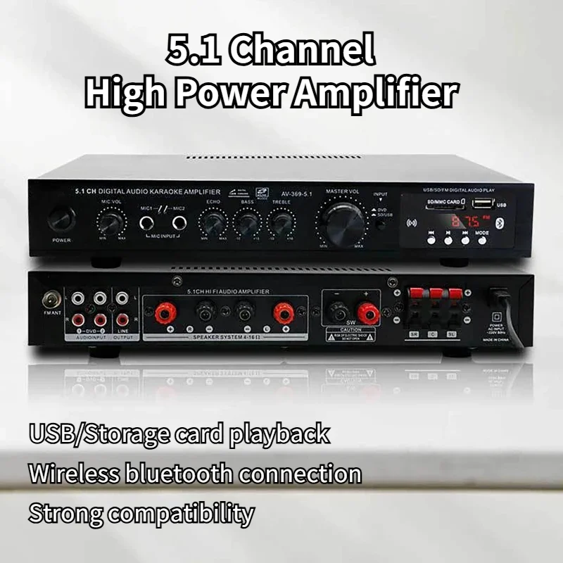 5.1 Channel High Power Amplifier Super Bass Rate Stage Home Theater Bluetooth Radio Amplifier Black 1