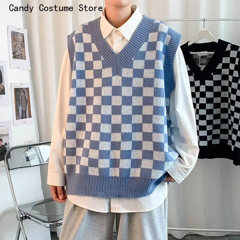 Blue Sleeveless Sweater V-Neck Plaid Vest for Men Harajuku Loose Trend Brand American High Street Bf Women Streetwear