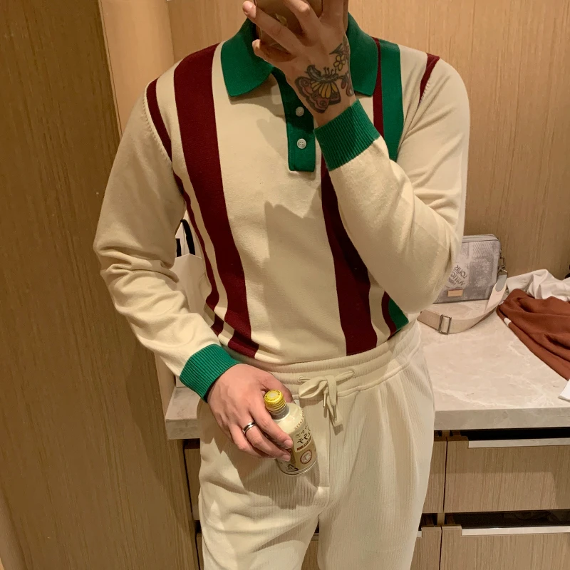 

2022 New Arrival Fashion Sweater Men Pullover Striped Slim Fit Jumpers Knitted Cotton Autumn Korean Style Casual Clothing L02