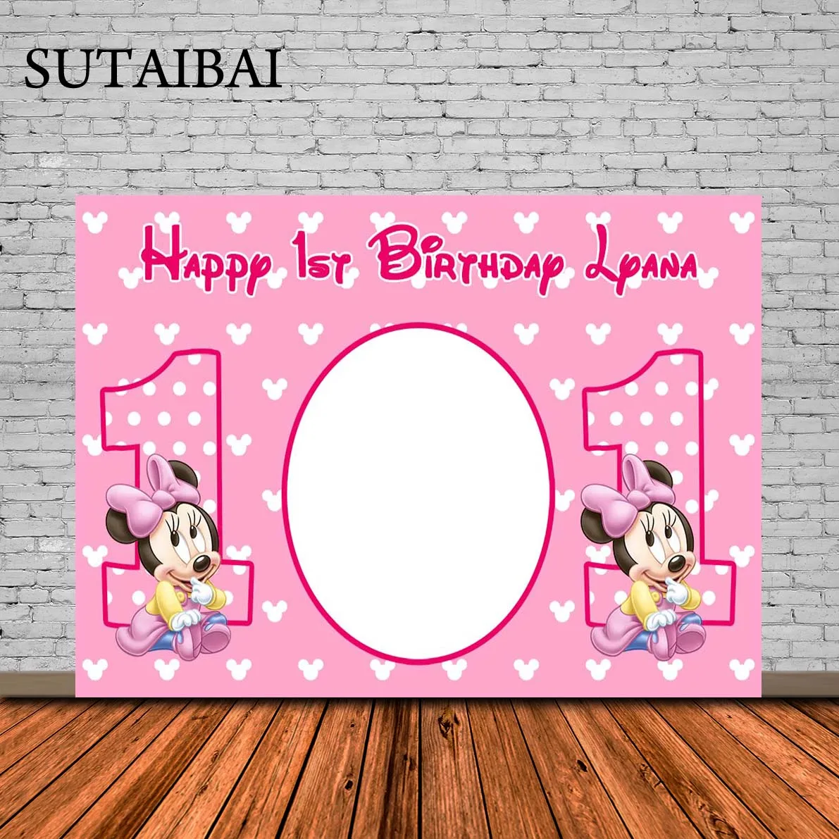 

Pink Minnie Girl Happy 1st Birthday Pink Backdrop Baby Shower Photography Background Poster Dessert Table Decorations Props
