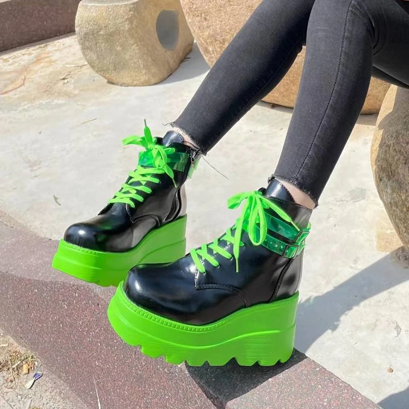 2022 New Big Sizes 43 Gothic Green Platform High Heels Cosplay Fashion Winter Wedges Boots Halloween Shoes Ankle Booties Women