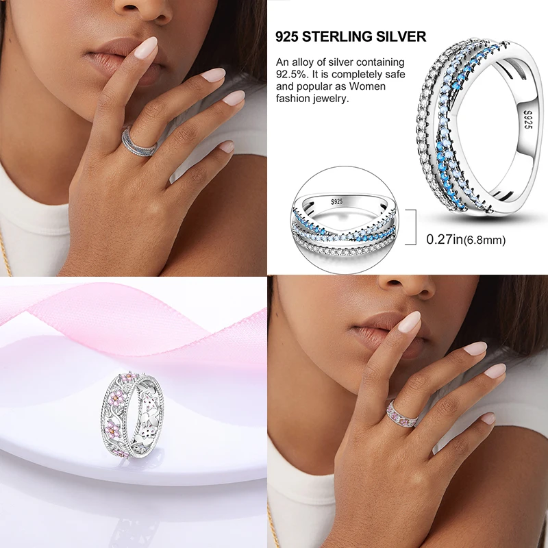 925 Sterling Silver Ring Pink Heart Blue Sun Star Moon Crossover Wide Rings Women Party Birthday Jewelry Silver Gift silver ring