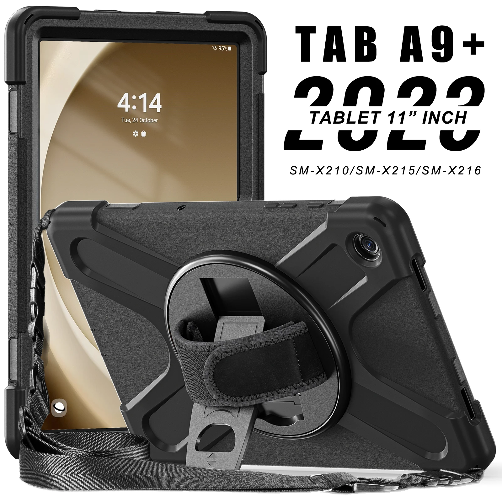 Case for Samsung Galaxy Tab A9 Plus 11inch 2023 Protective Rugged Case  Shockproof 360° Swivel Stand Shoulder Strap Black