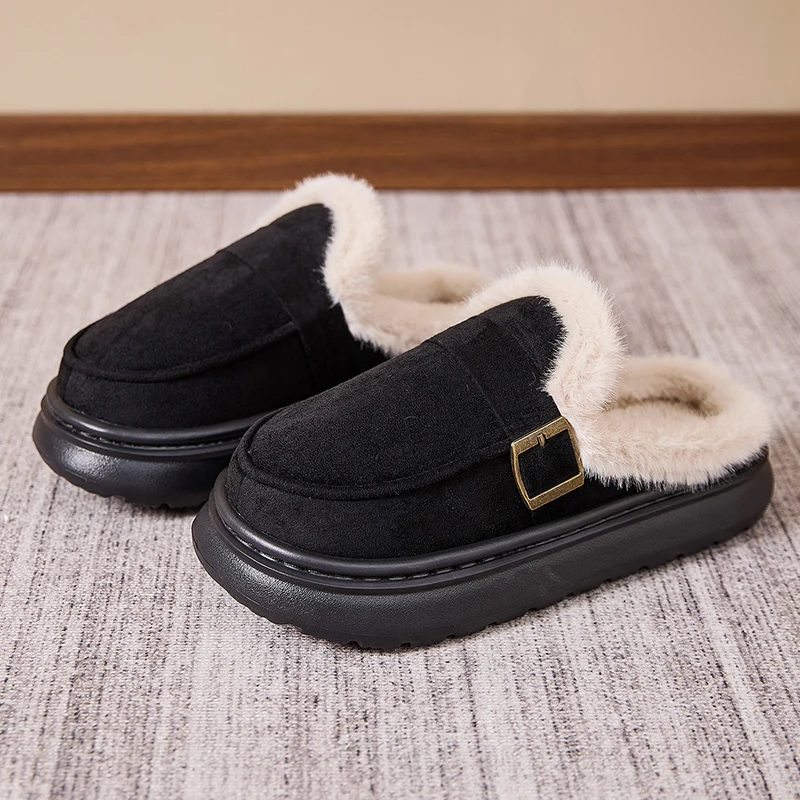 Korean Thick Bottom Plush Slippers Women Plus Size 47 Faux Suede Cotton Slippers Woman Non Slip Platform Winter Shoes Female