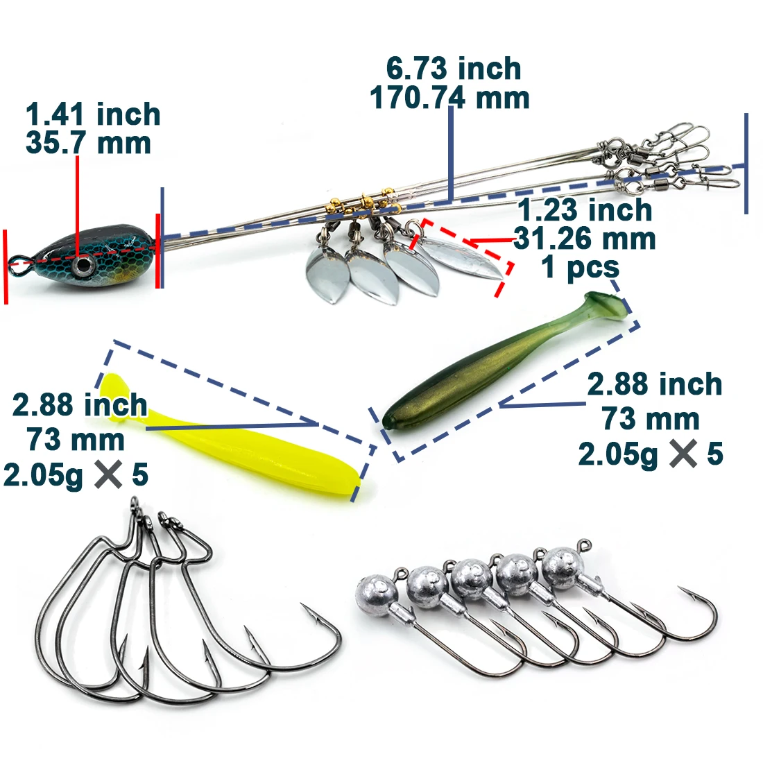 Alabama Rig Kit de pêche au bar avec têtes plombées en saule pour pêche