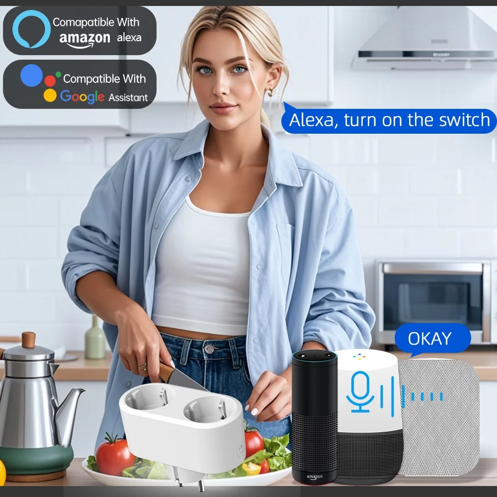 Tuya WiFi 듀얼 콘센트 16A APP 스마트 플러그 2 in 1 소켓 EU, 에너지 계량 타이머 기능 포함 Alexa Google 제어와 함께 작동