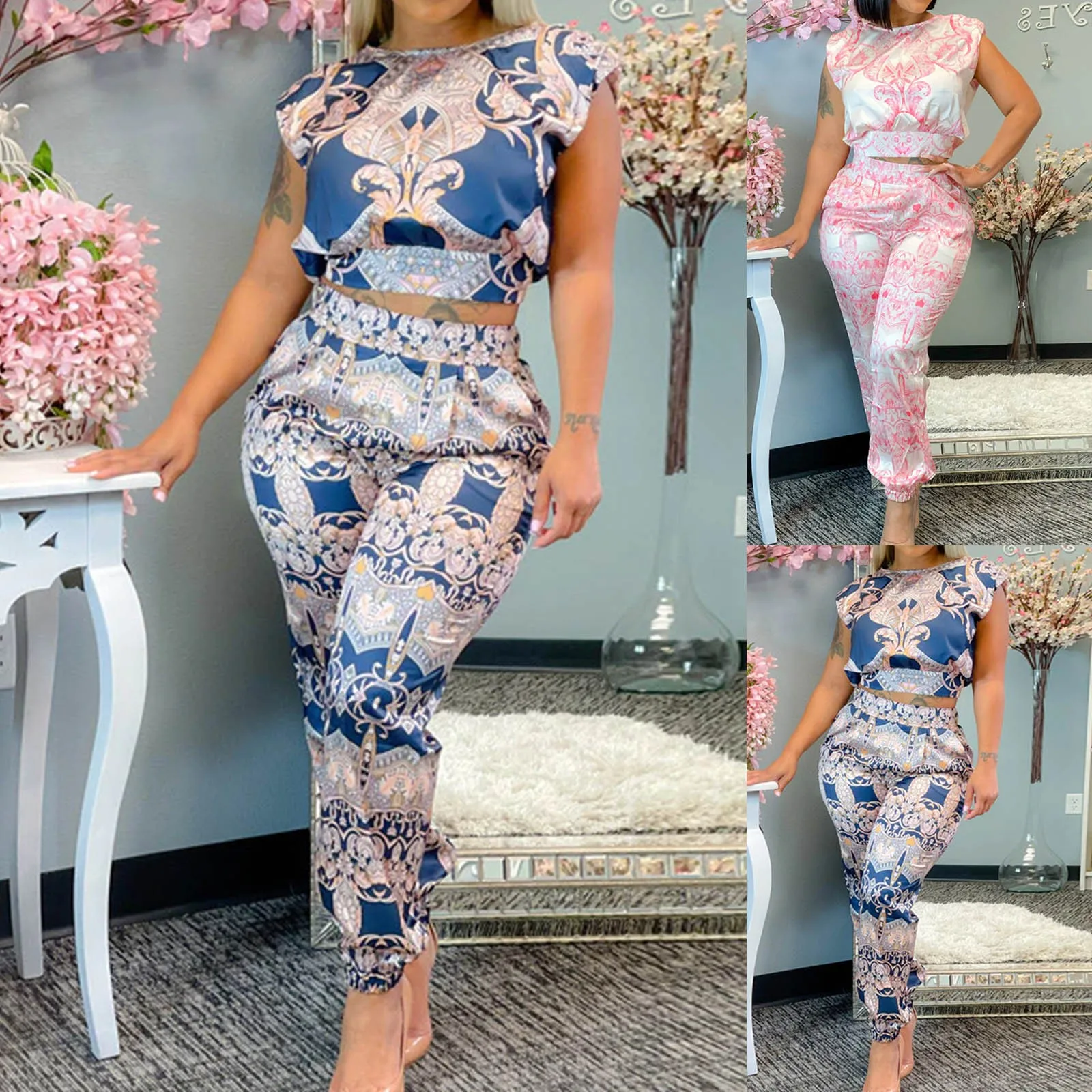 2024 Summer Sets Vintage Floral Printed Navel Exposed Short Sleeved With High Waisted Pants Suits For Women's Holiday In Beach