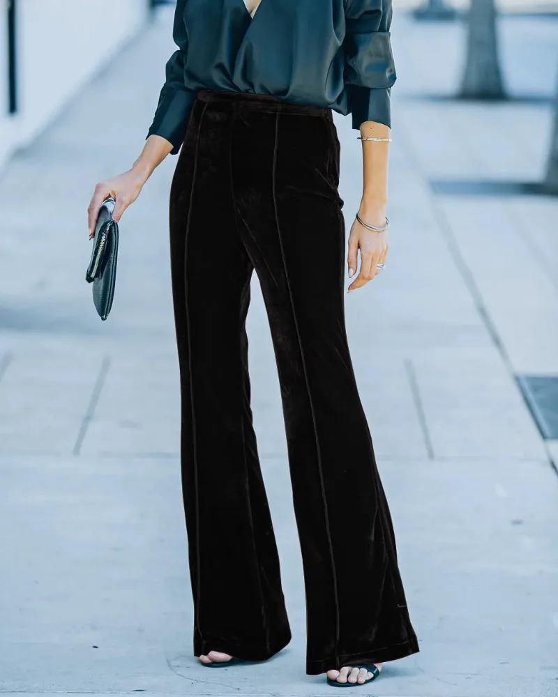 Pleuche High Waisted Flared Pants New Vintage Wide Leg Pants Fashion Streetwear Elegant Trousers Women Clothes Pantalon Femme