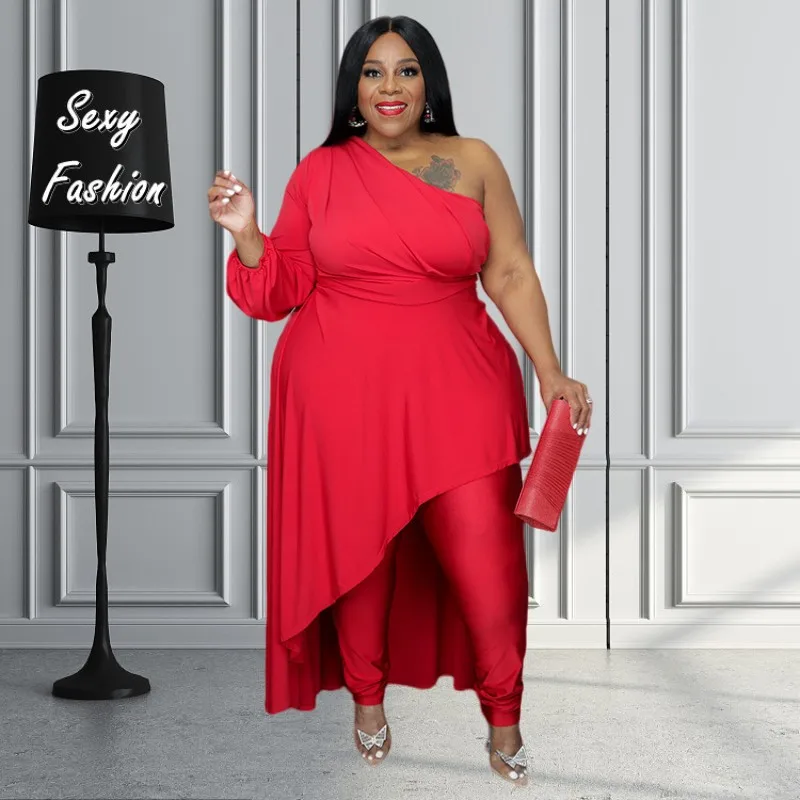 

WSFEC 2023 Spring Summer Women Clothing Plus Size Dress Two Piece Sets Irregular Slim Skew Collar Pant Suits Female Outfits
