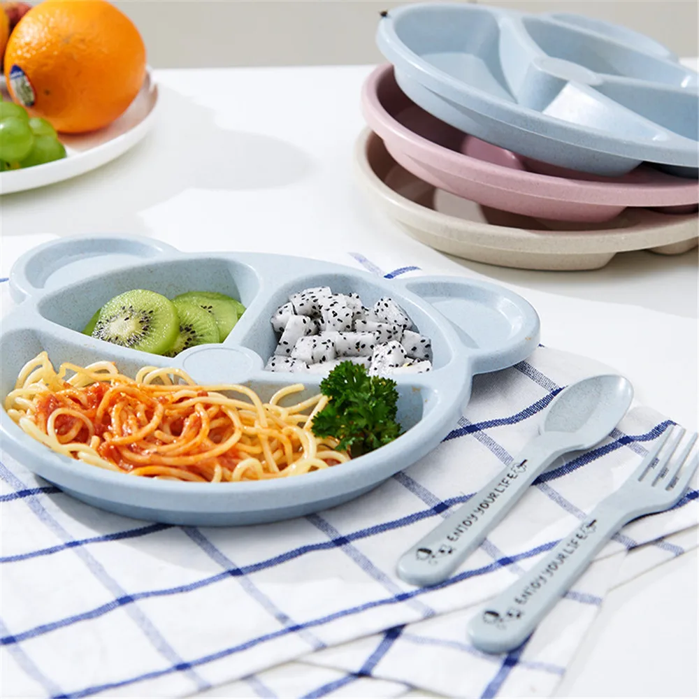 Baby Bowl+spoon+fork Feeding Food Tableware Set Cartoon Bear Kids Dishes Eating Dinnerware Anti-hot Wheat Straw Training Plate baby tableware set