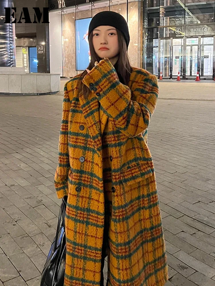 

[EAM] Loose Fit Yellow Plaid Big Size Long Woolen Coat Parkas New Long Sleeve Women Fashion Tide Autumn Winter 2024 1DF2128