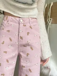 4xl Plus Size Women's Lovely Pink Bear Print Straight Jeans Lady Summer High Waist Loose Full Length Jeans
