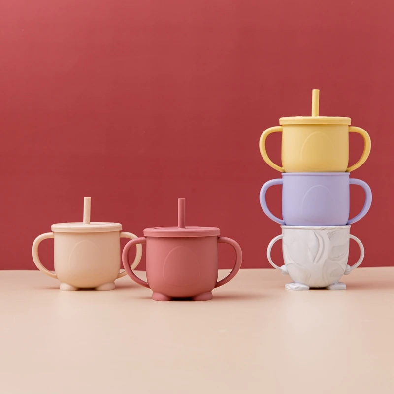 Baby Feeding Cups Straw Bottle Sippy Cup Silicone Baby Cup Double Handle Sippy Cups Drinkware Child Anti-Hot Leakproof Water Cup 3