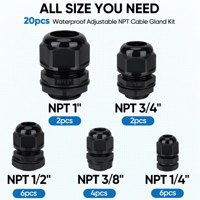 20 Pcs IP68 Waterproof Cable Gland Kit Nylon NPT Adjustable Cable Connector Assortment 1/4&rdquo; 3/8&rdquo; 1/2&rdquo; 3/4&rdquo; 1&ldquo; for Waterproof Box
