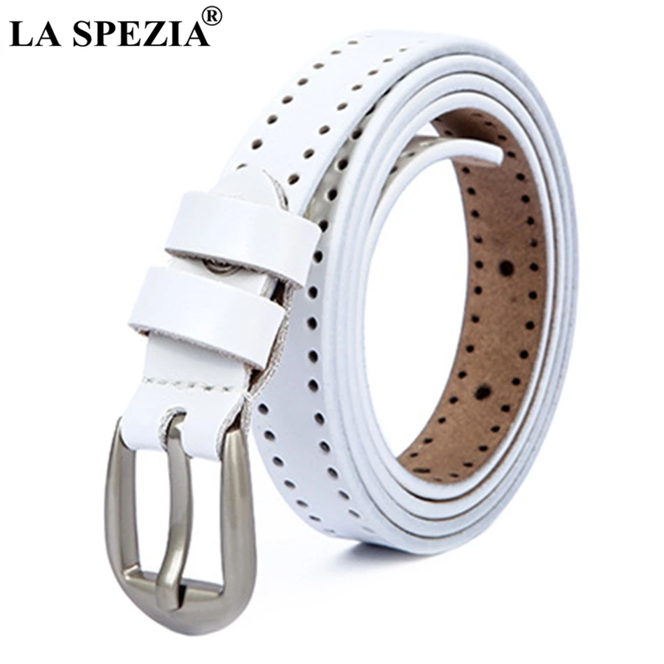 LA SPEZIA White Belt Women Real Leather Chain Pin Buckle Belt Female Classic Genuine Leather Cowhide Ladies Thin Belt With Holes 2023 ladies denim shorts with high waist and holes washed with tassels sexy slim slimming hot pants