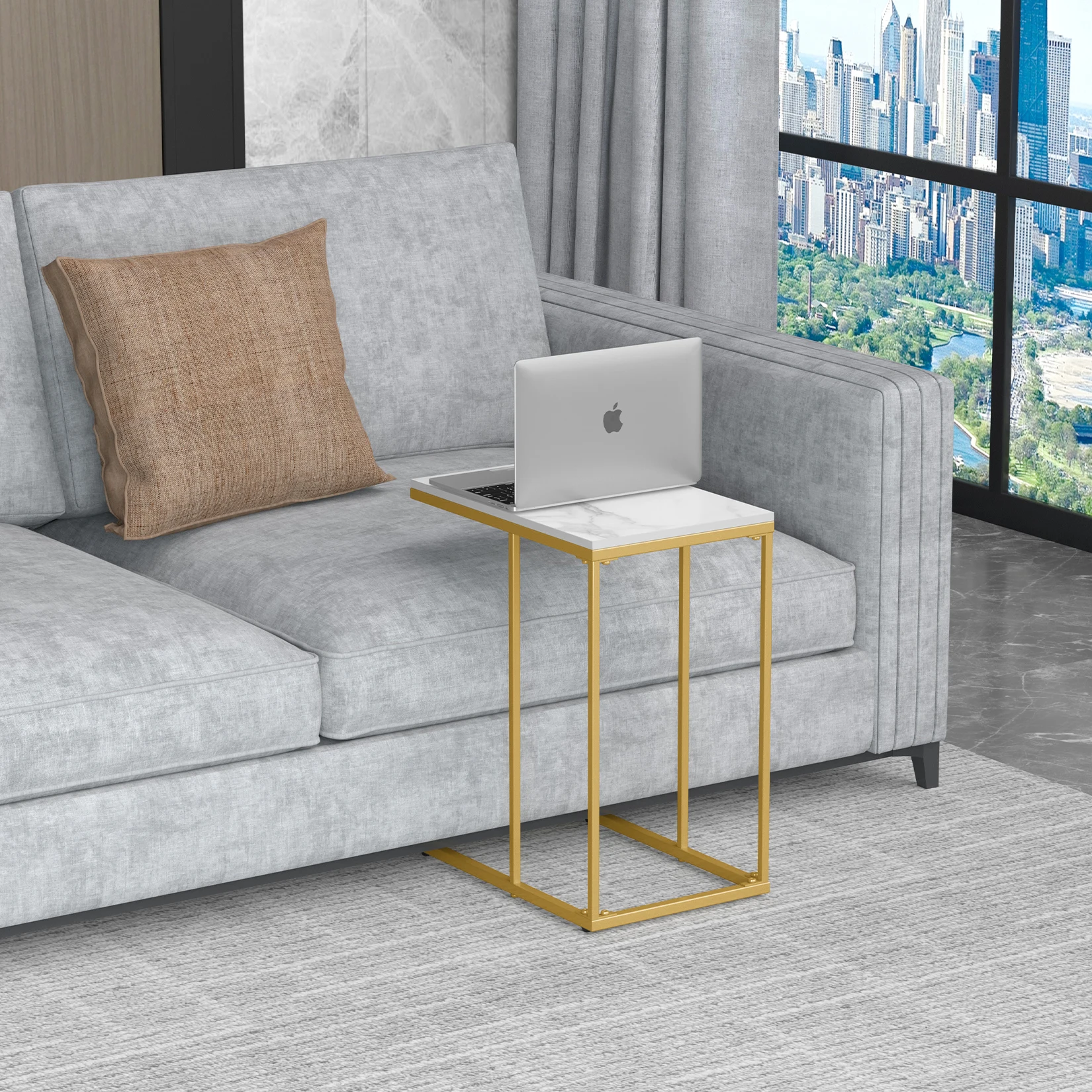 C Shaped End Snack Side Table Under Couch with Marble Top for Sofa Coffee Laptop Living Room Bedroom Small Space - 5