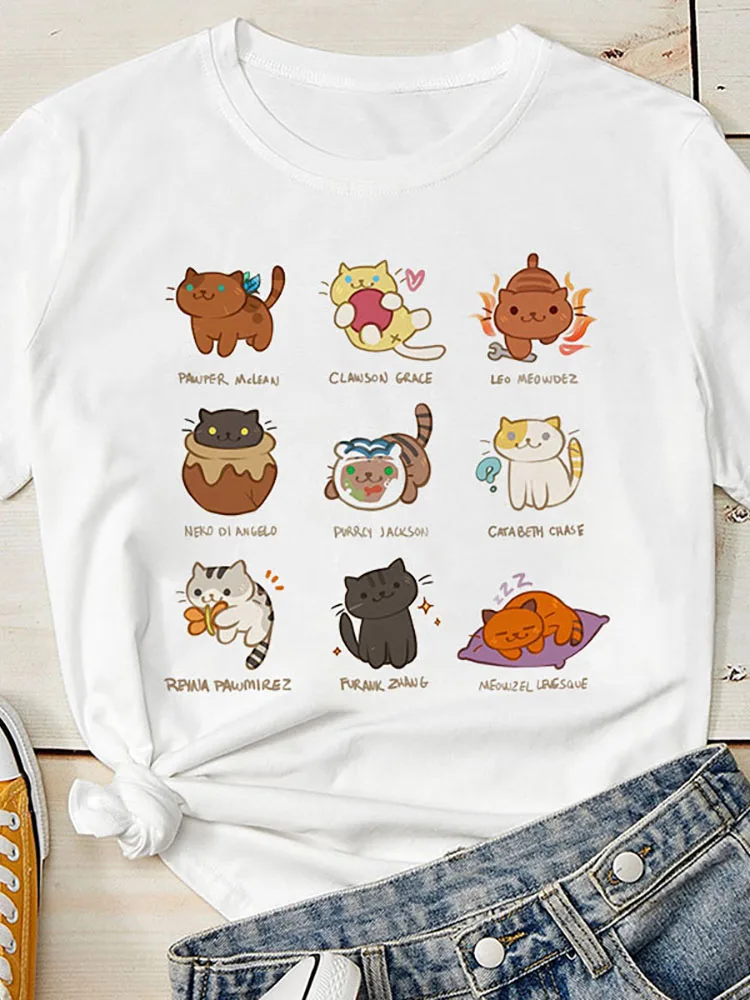 

Student T-shirts Kawaii Cats Print Summer Women Fashion Printed Tshirt Cute Cat Graphic T-shirt Short Sleeve Streetwear Y2k Tee