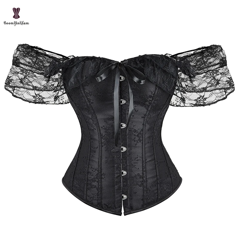 35Cm Height 13.78 Inches Korset Woman Plus Size Outfit Cloth 14 Elastic Bones Floral Lace Corset Top Bustier With Off Shoulder