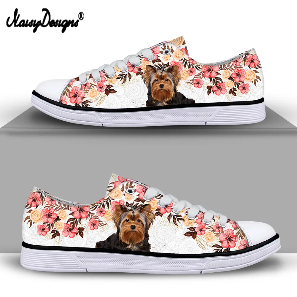 

Noisydesigns 2021 New Fashion Flat Canvas Shoes Cute Yorkshire Terrier With Flower Lace-up Breathable Non-slip Vulcanized Shoes